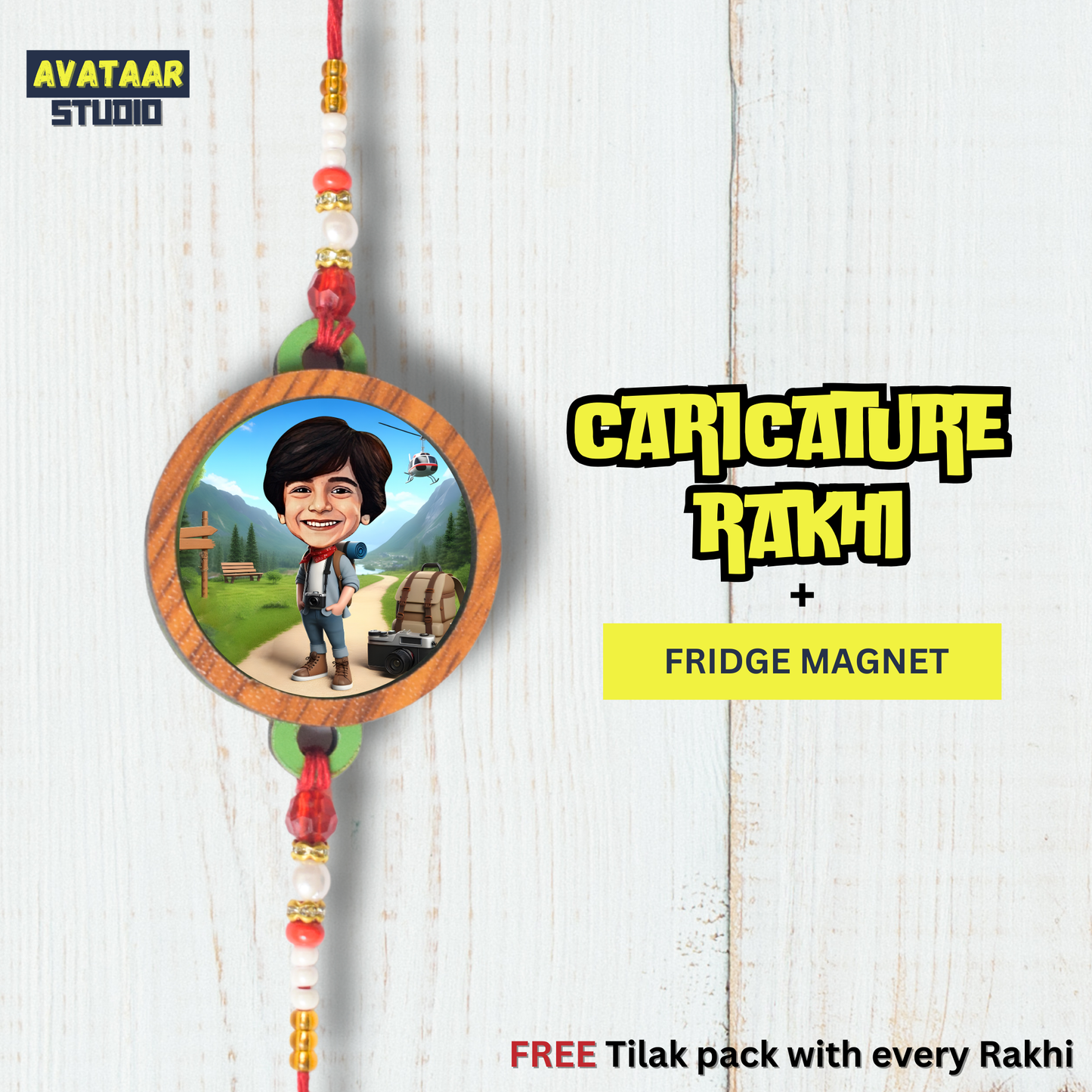Personalized Caricature Rakhi with Fridge Magnet Unique Rakhi for Brother Caricature Durable Caricature Rakhi for Bhai Customised Photo Rakhi for Rakshabandhan (ADVENTURE SEEKER)