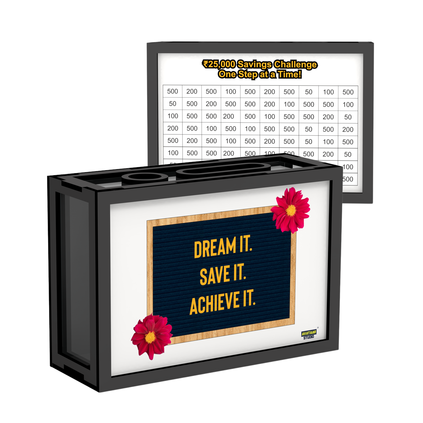 Wooden Money Saving Box for Adults & Kids – Target ₹25,000 / ₹1,00,000 | Colorful Coin Bank with Number Tracker & Transparent Sides | Piggy Bank, Savings Box Gift Idea (Design 2)