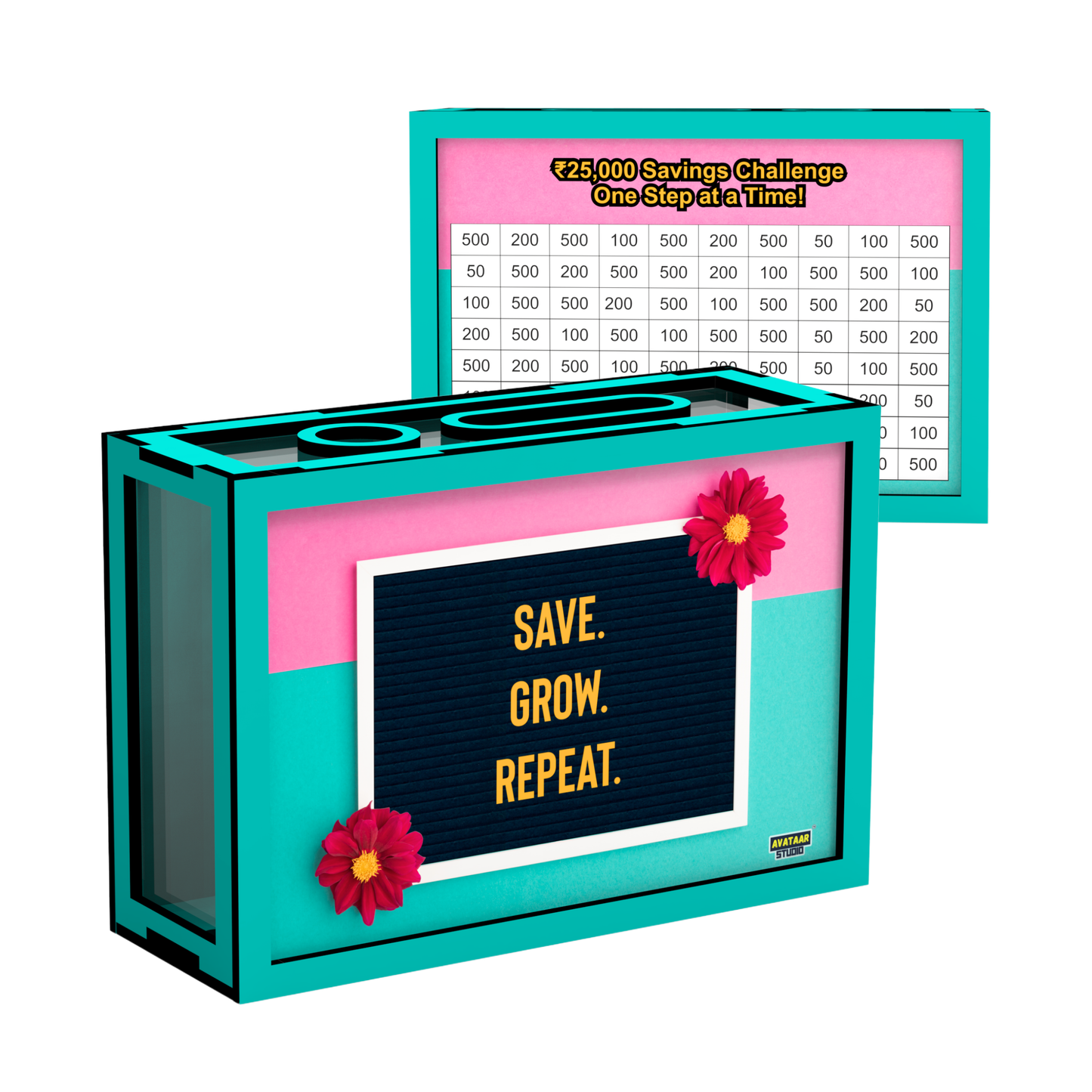 Wooden Money Saving Box for Adults & Kids – Target ₹25,000 / ₹1,00,000 | Colorful Coin Bank with Number Tracker & Transparent Sides | Piggy Bank, Savings Box Gift Idea (Design 4)