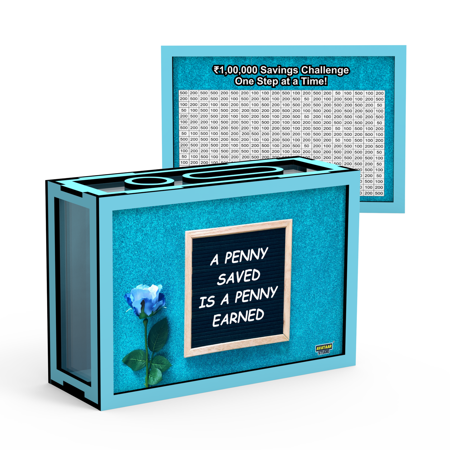 Wooden Money Saving Box for Adults & Kids – Target ₹25,000 / ₹1,00,000 | Colorful Coin Bank with Number Tracker & Transparent Sides | Piggy Bank, Savings Box Gift Idea (Design 1)