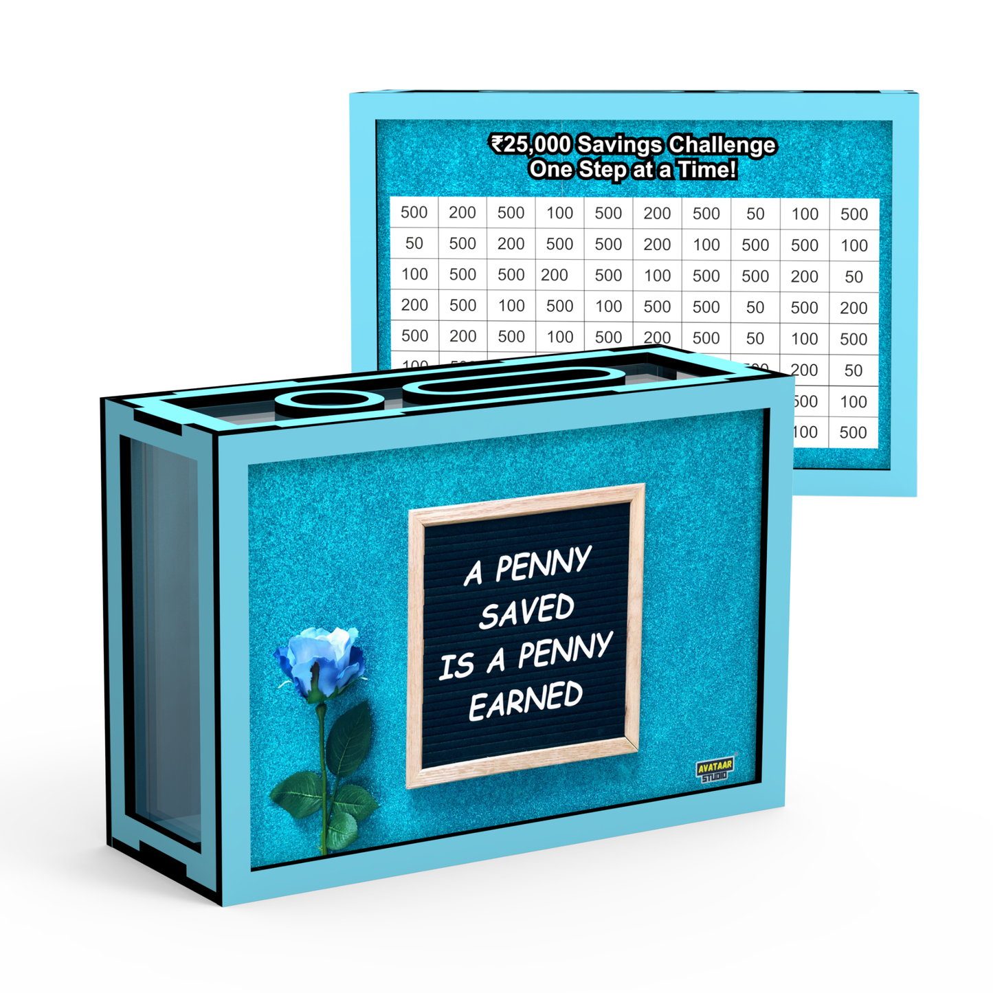 Colorful Money Saving Box for Adults & Kids, Coin Box, Savings Box, Piggy Bank, Smart Money Box with Transparent Sides, Wooden Coin Box, Money Saver, with Numbers, Target 25000 Rupees Savings Box (DESIGN 1)