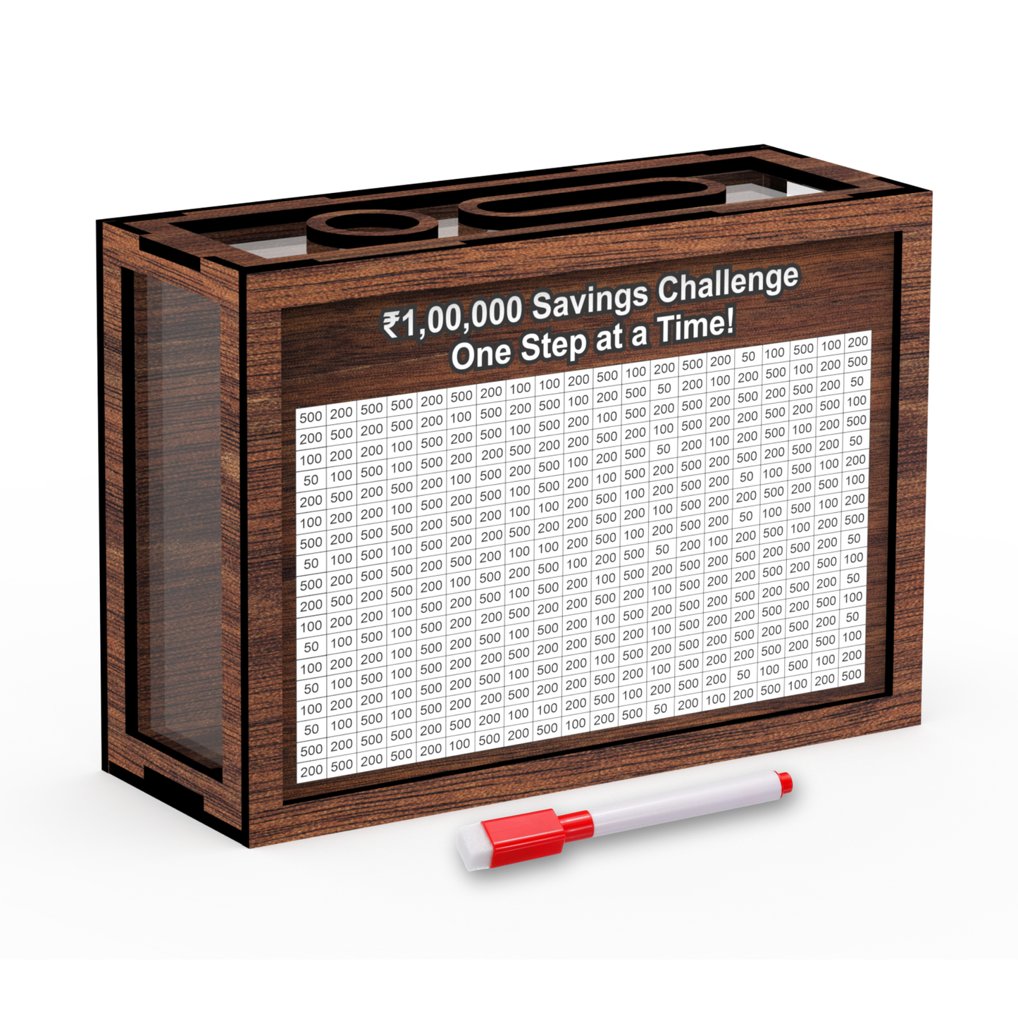 Wooden Money Saving Box for Adults & Kids – Target ₹1,00,000 | Colorful Coin Bank with Number Tracker & Transparent Sides | Piggy Bank, Savings Box Gift Idea (DESIGN 5)