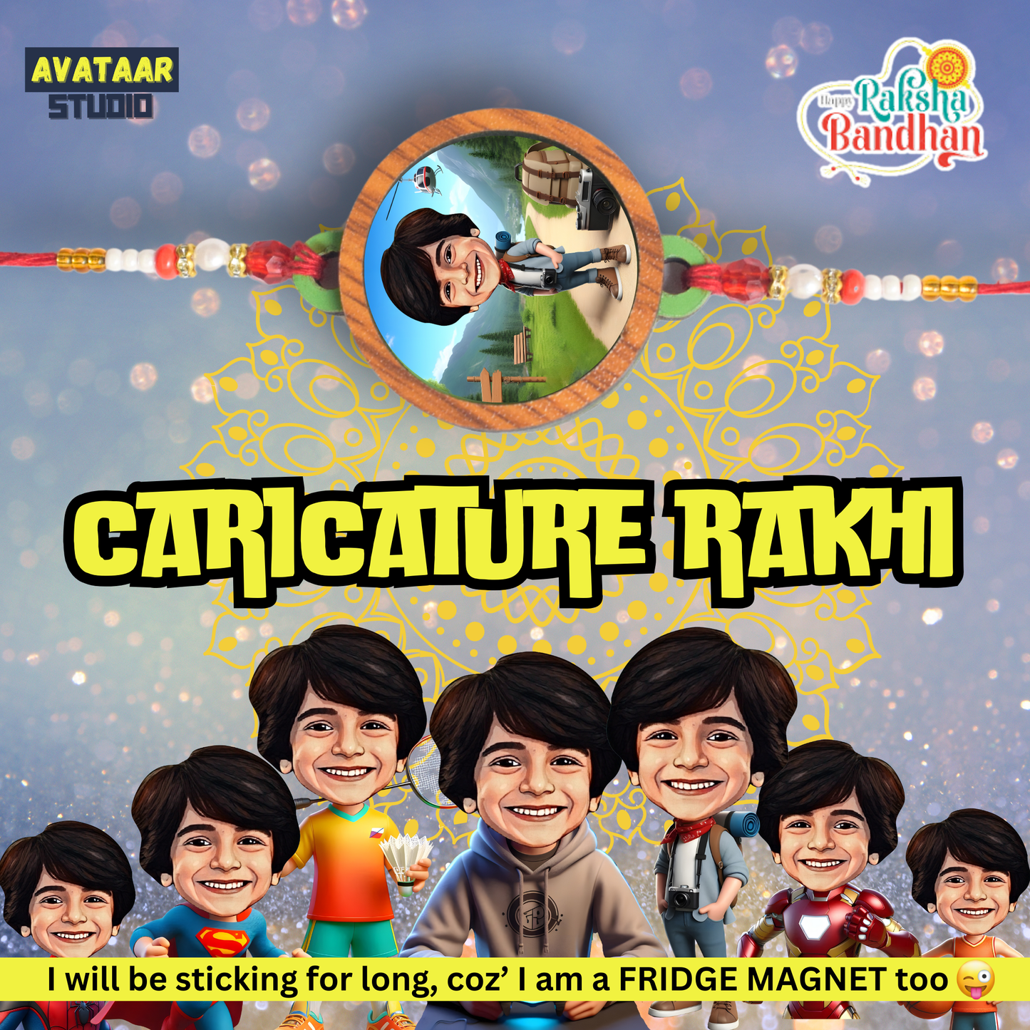 Personalized Caricature Rakhi with Fridge Magnet Unique Rakhi for Brother Caricature Durable Caricature Rakhi for Bhai Customised Photo Rakhi for Rakshabandhan (ADVENTURE SEEKER)