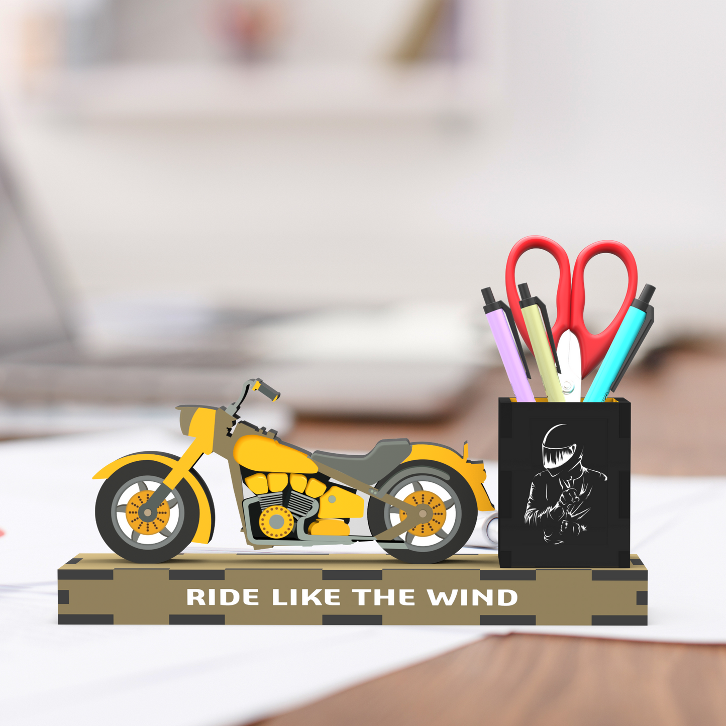 Personalized Rakhi Gift Combo Caricature Rakhi with Fridge Magnet Motorcycle Pen Stand and Name Keychain for Brother Kids and Adults (Combo 4 - Rakhi + Bike Pen Stand + Name Keychain)