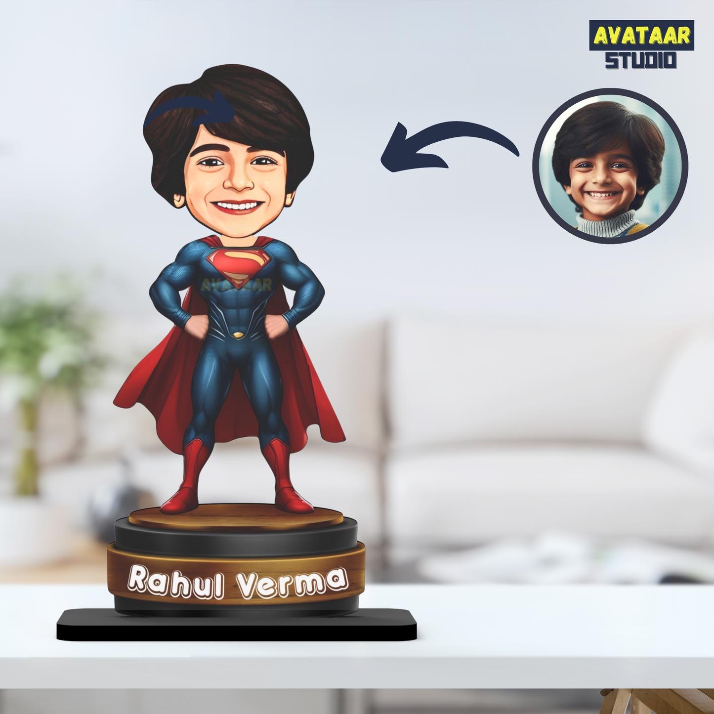AVATAAR STUDIO Personalized Gift for Kids, Friends Character Caricature Photo Frame Unique Design Customized Gift for Children, Return Gift Idea (SUPERMAN, 7 INCHES, With Name)