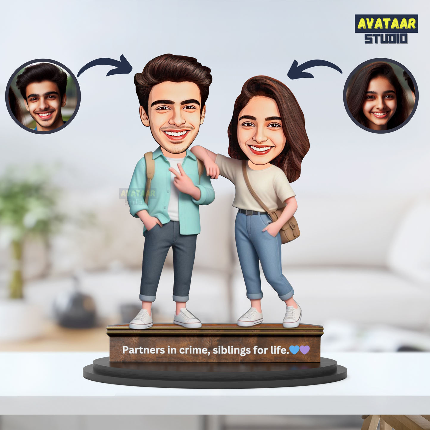 Avatar Studio Personalized Gift for Brother, Sister, Friends Character Caricature Photo Frame Unique Design Customized Gift for Bhai Dooj & Rakshabandhan (BRO SIS - 2)