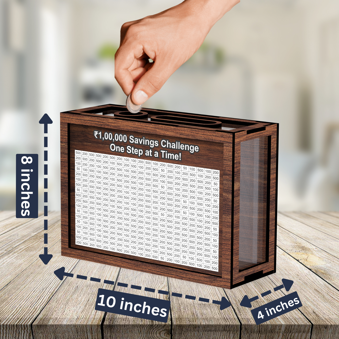 Wooden Money Saving Box for Adults & Kids – Target ₹1,00,000 | Colorful Coin Bank with Number Tracker & Transparent Sides | Piggy Bank, Savings Box Gift Idea (DESIGN 5)