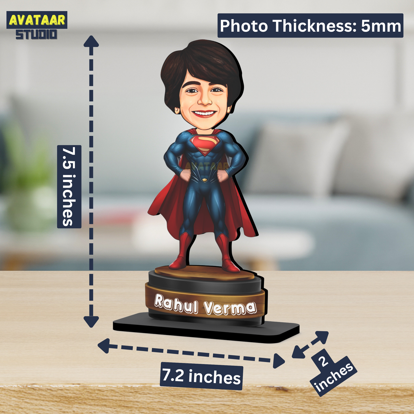AVATAAR STUDIO Personalized Gift for Kids, Friends Character Caricature Photo Frame Unique Design Customized Gift for Children, Return Gift Idea (SUPERMAN, 7 INCHES, With Name)