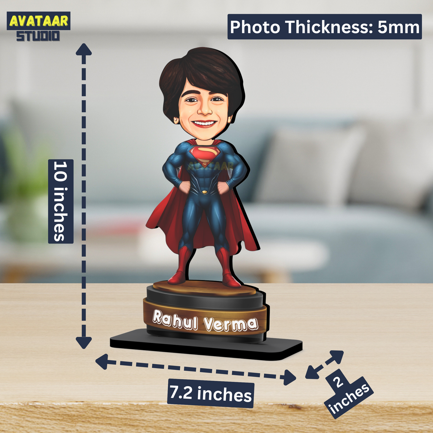 AVATAAR STUDIO Personalized Gift for Kids, Friends Character Caricature Photo Frame Unique Design Customized Gift for Children, Return Gift Idea (SUPERMAN, 7 INCHES, With Name)