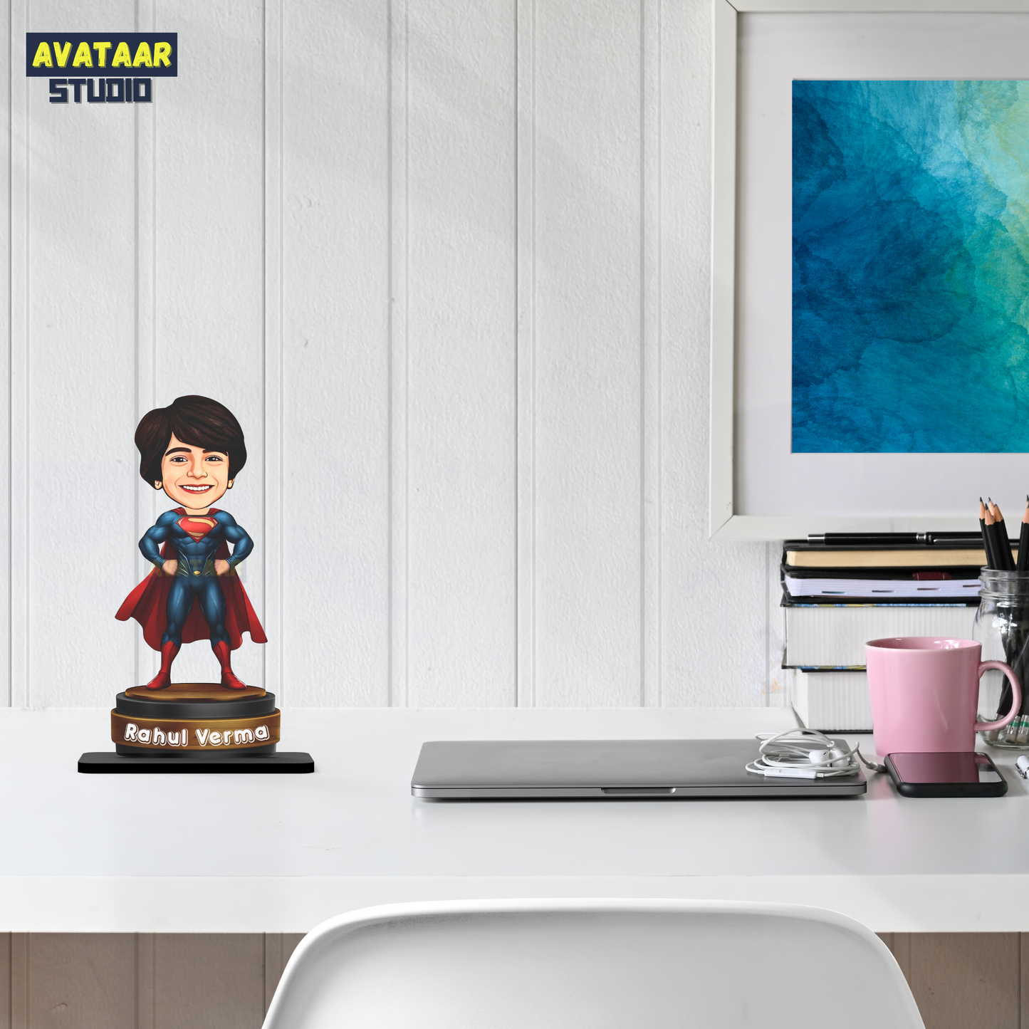 AVATAAR STUDIO Personalized Gift for Kids, Friends Character Caricature Photo Frame Unique Design Customized Gift for Children, Return Gift Idea (SUPERMAN, 7 INCHES, With Name)