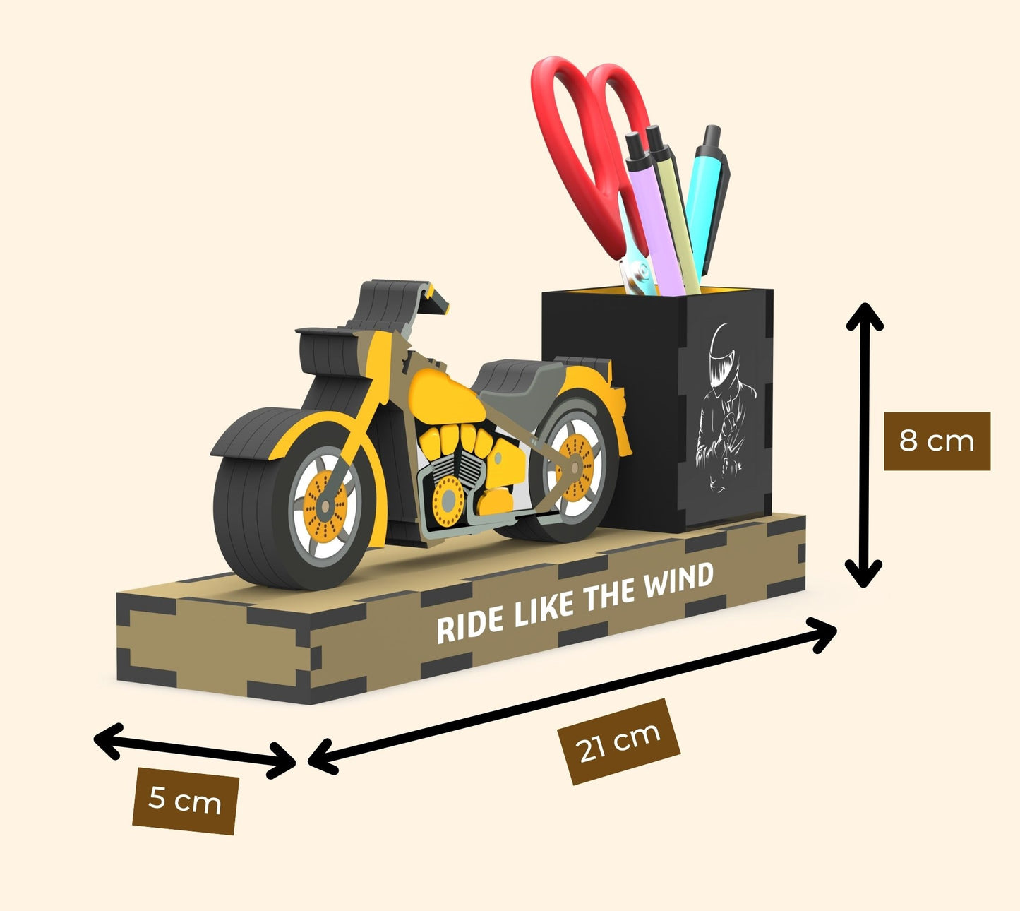 Personalized Rakhi Gift Combo Caricature Rakhi with Fridge Magnet Motorcycle Pen Stand and Name Keychain for Brother Kids and Adults (Combo 4 - Rakhi + Bike Pen Stand + Name Keychain)