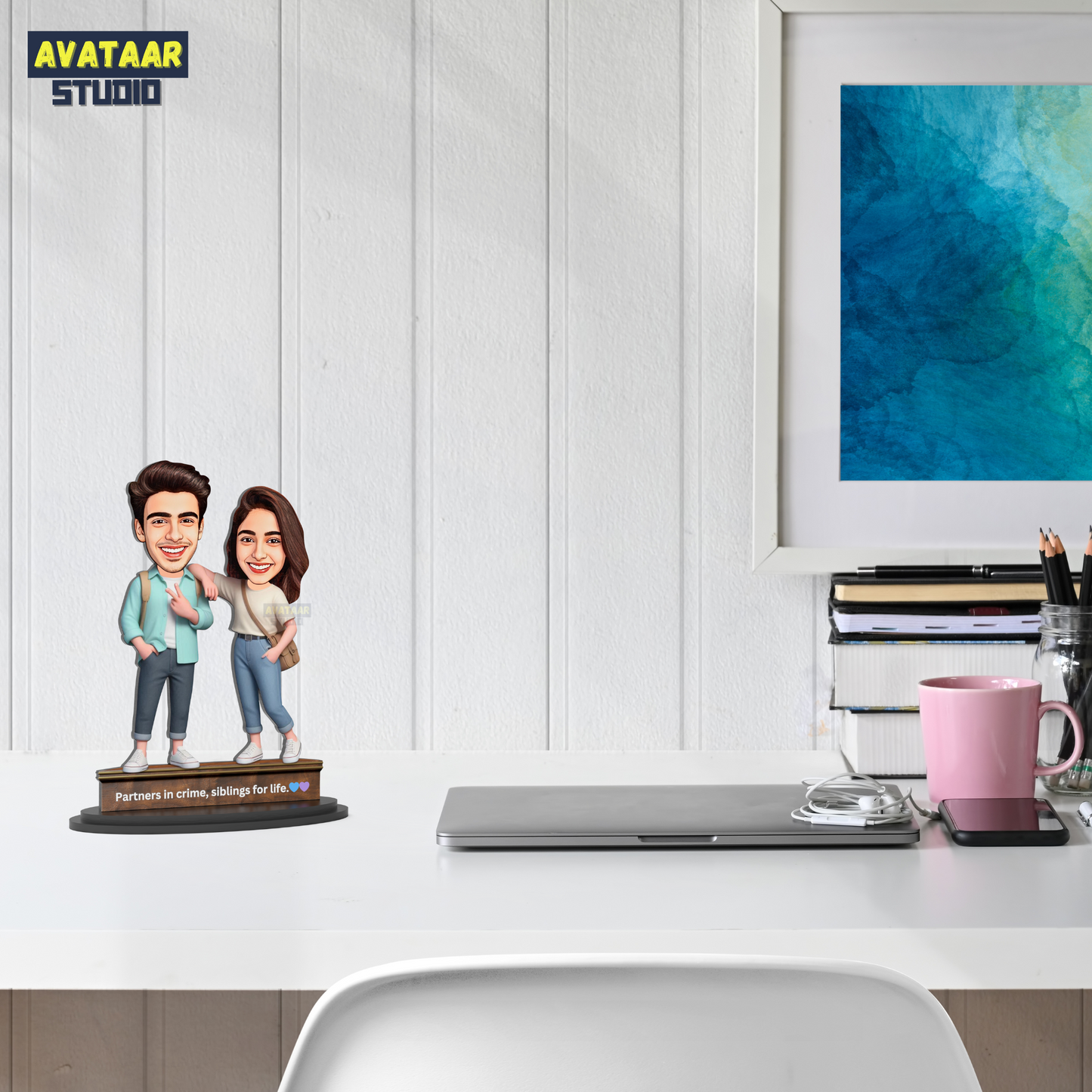 Avatar Studio Personalized Gift for Brother, Sister, Friends Character Caricature Photo Frame Unique Design Customized Gift for Bhai Dooj & Rakshabandhan (BRO SIS - 2)