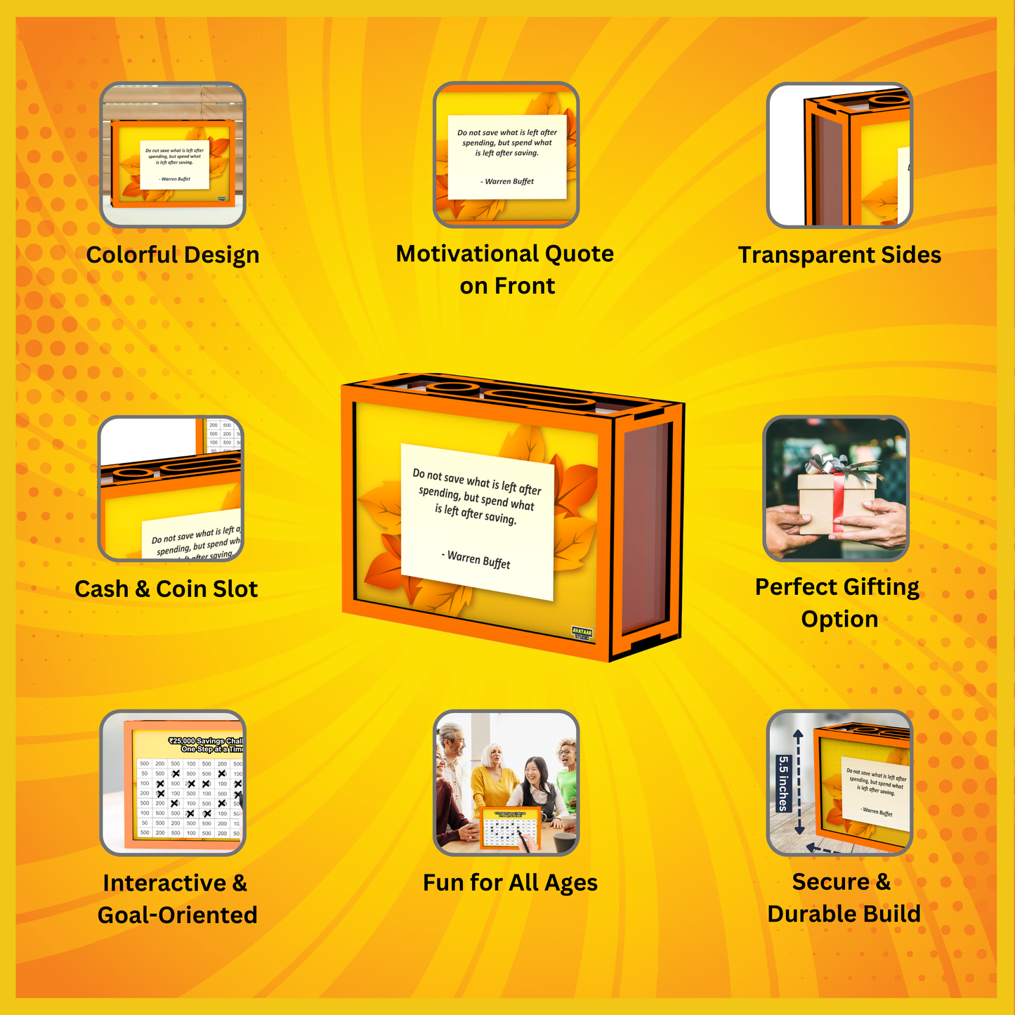Wooden Money Saving Box for Adults & Kids – Target ₹25,000 / ₹1,00,000 | Colorful Coin Bank with Number Tracker & Transparent Sides | Piggy Bank, Savings Box Gift Idea (Design 3)
