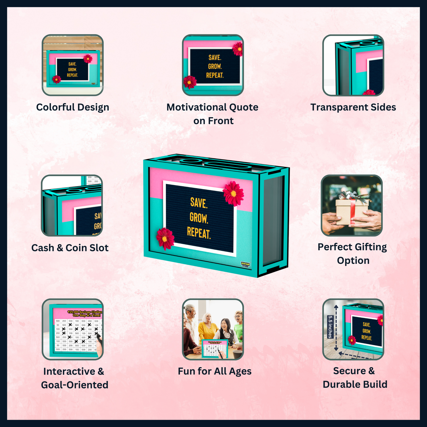 Wooden Money Saving Box for Adults & Kids – Target ₹25,000 / ₹1,00,000 | Colorful Coin Bank with Number Tracker & Transparent Sides | Piggy Bank, Savings Box Gift Idea (Design 4)