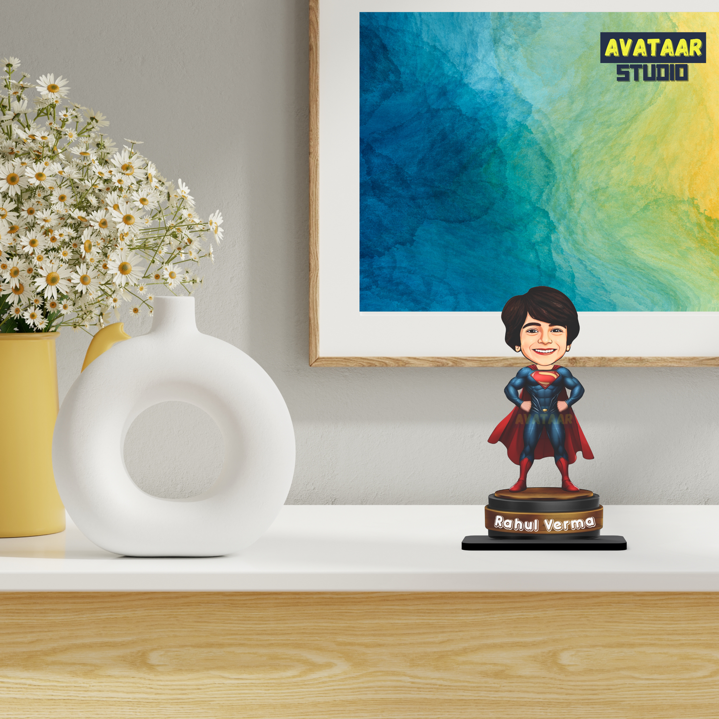 AVATAAR STUDIO Personalized Gift for Kids, Friends Character Caricature Photo Frame Unique Design Customized Gift for Children, Return Gift Idea (SUPERMAN, 7 INCHES, With Name)