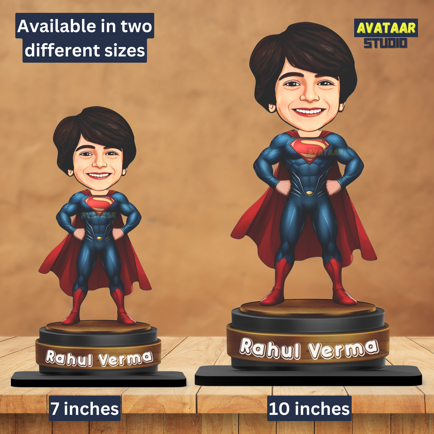 AVATAAR STUDIO Personalized Gift for Kids, Friends Character Caricature Photo Frame Unique Design Customized Gift for Children, Return Gift Idea (SUPERMAN, 7 INCHES, With Name)