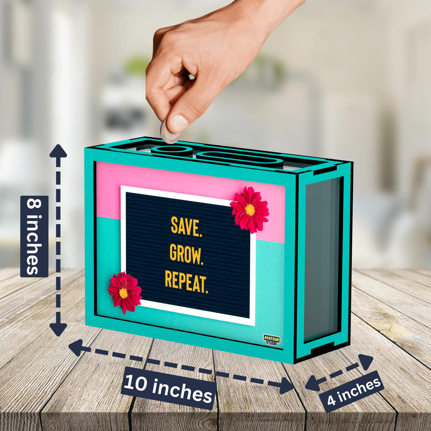 Wooden Money Saving Box for Adults & Kids – Target ₹25,000 / ₹1,00,000 | Colorful Coin Bank with Number Tracker & Transparent Sides | Piggy Bank, Savings Box Gift Idea (Design 4)