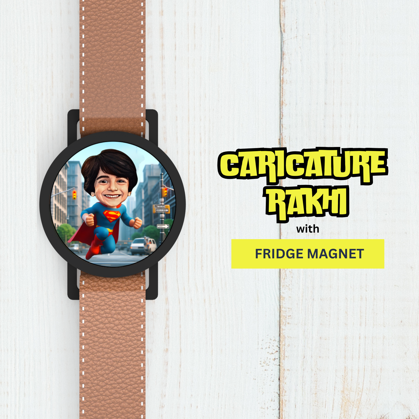 Personalized Caricature Rakhi Band Custom Face Avataar Stylish Watch Design for Brother Kids and Adults Detachable Dial Turns into Fridge Magnet Unique Raksha Bandhan Gift (Set of 3)