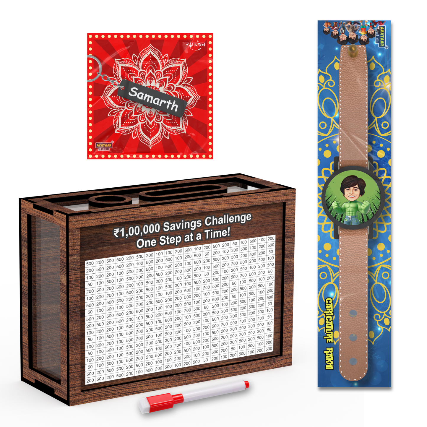 Personalized Rakhi Gift Combo Caricature Rakhi with Fridge Magnet Money Saving Box and Name Keychain for Brother Kids and Adults (Combo 3 - Rakhi + Money Saving Box + Name Keychain)