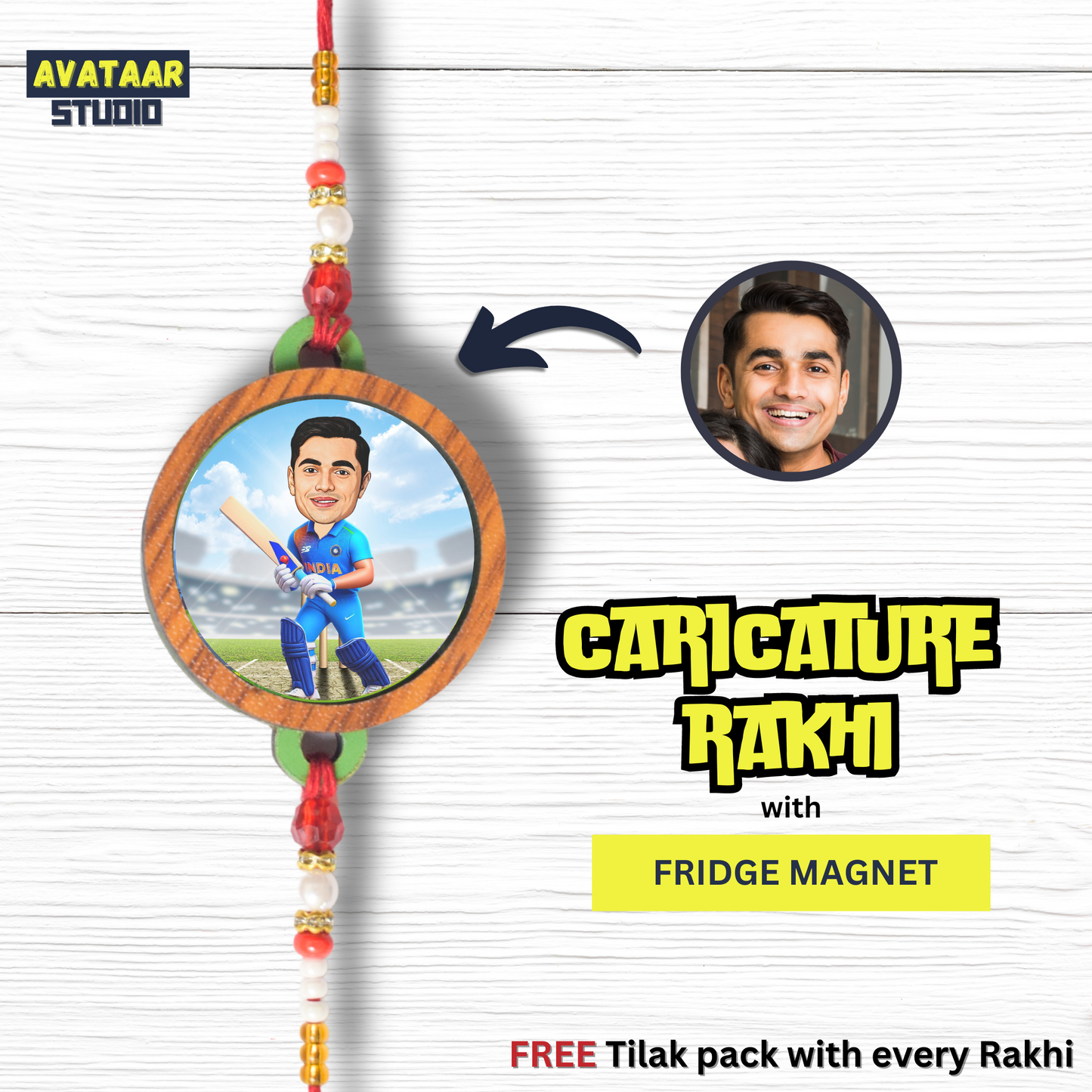 Avatar Studio Personalized Gift & Rakhi for, Brother, Character Caricature Photo Frame Unique Design Customized Gift for Rakshabandhan Gift for Brother (CRICKET BATSMAN, RAKHI COMBO)