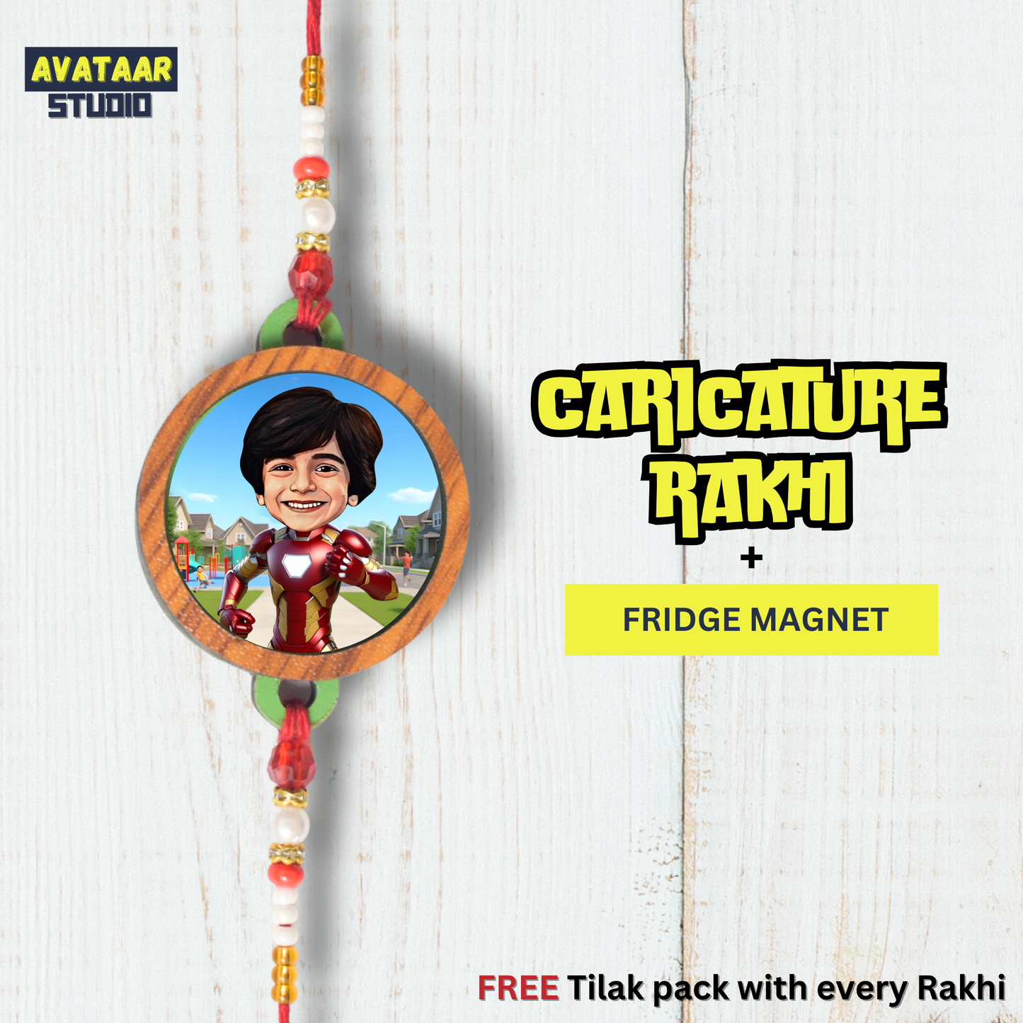 Personalized Caricature Rakhi with Fridge Magnet Unique Rakhi for Brother Caricature Durable Caricature Rakhi for Bhai Customised Photo Rakhi for Rakshabandhan (IRON-MAN)