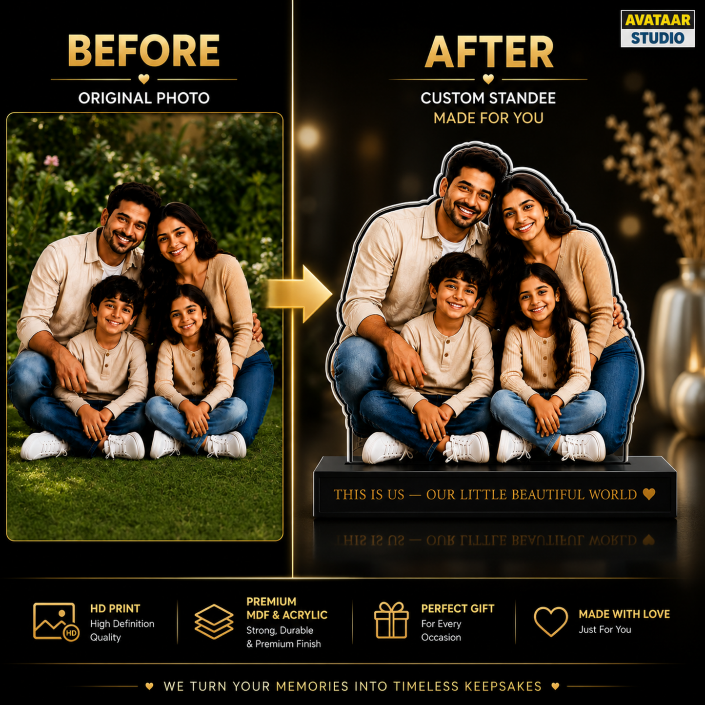 SnapStand Personalised 3D Avatar Standee Photo Frame, MDF & Acrylic, Custom Mini Figure for Couple, Anniversary, Birthday, Wedding Gifts (FAMILY - 1, 7 INCHES)
