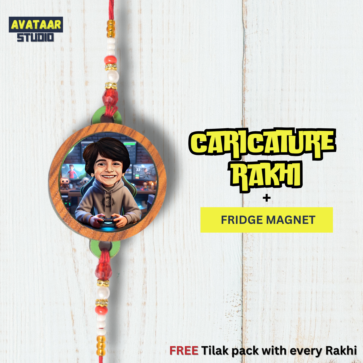 Personalized Caricature Rakhi with Fridge Magnet Unique Rakhi for Brother Caricature Durable Caricature Rakhi for Bhai Customised Photo Rakhi for Rakshabandhan (GAMER BOY)