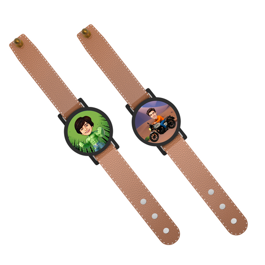 Personalized Caricature Rakhi Band Custom Face Avataar Stylish Watch Design for Brother Kids and Adults Detachable Dial Turns into Fridge Magnet Unique Raksha Bandhan Gift (Set of 2)
