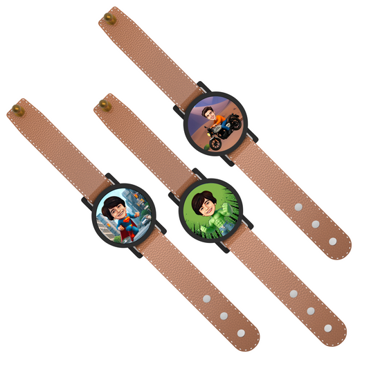 Personalized Caricature Rakhi Band Custom Face Avataar Stylish Watch Design for Brother Kids and Adults Detachable Dial Turns into Fridge Magnet Unique Raksha Bandhan Gift (Set of 3)