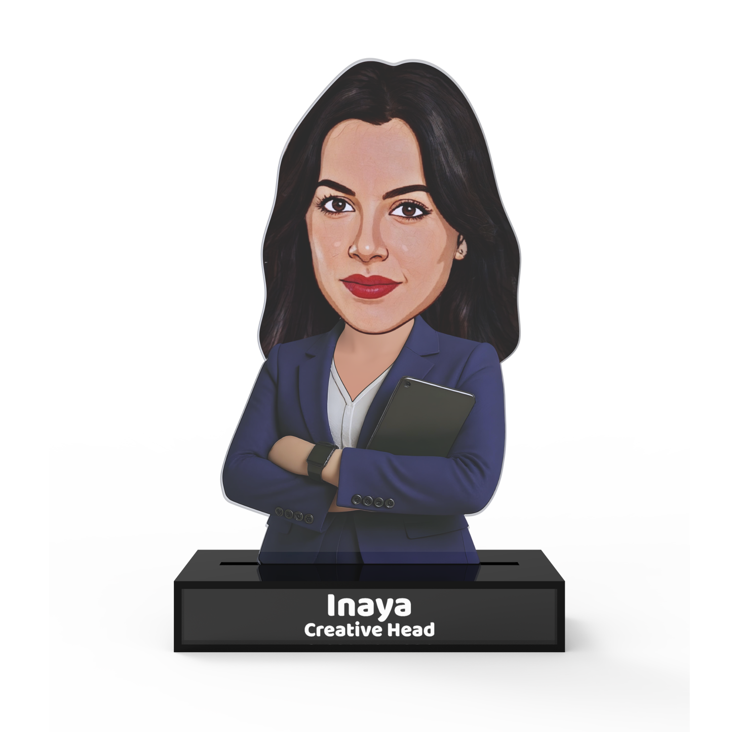 Personalized Female Professional Avataar Stand – Custom Office Acrylic Stand with Name & Designation