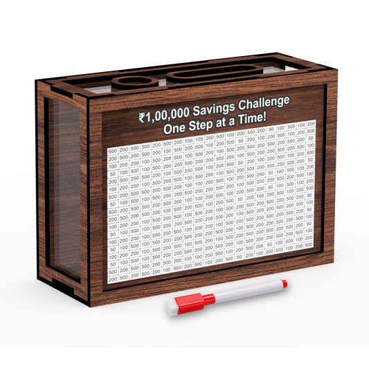 Wooden Money Saving Box for Adults & Kids – Target ₹1,00,000 | Colorful Coin Bank with Number Tracker & Transparent Sides | Piggy Bank, Savings Box Gift Idea (DESIGN 5)