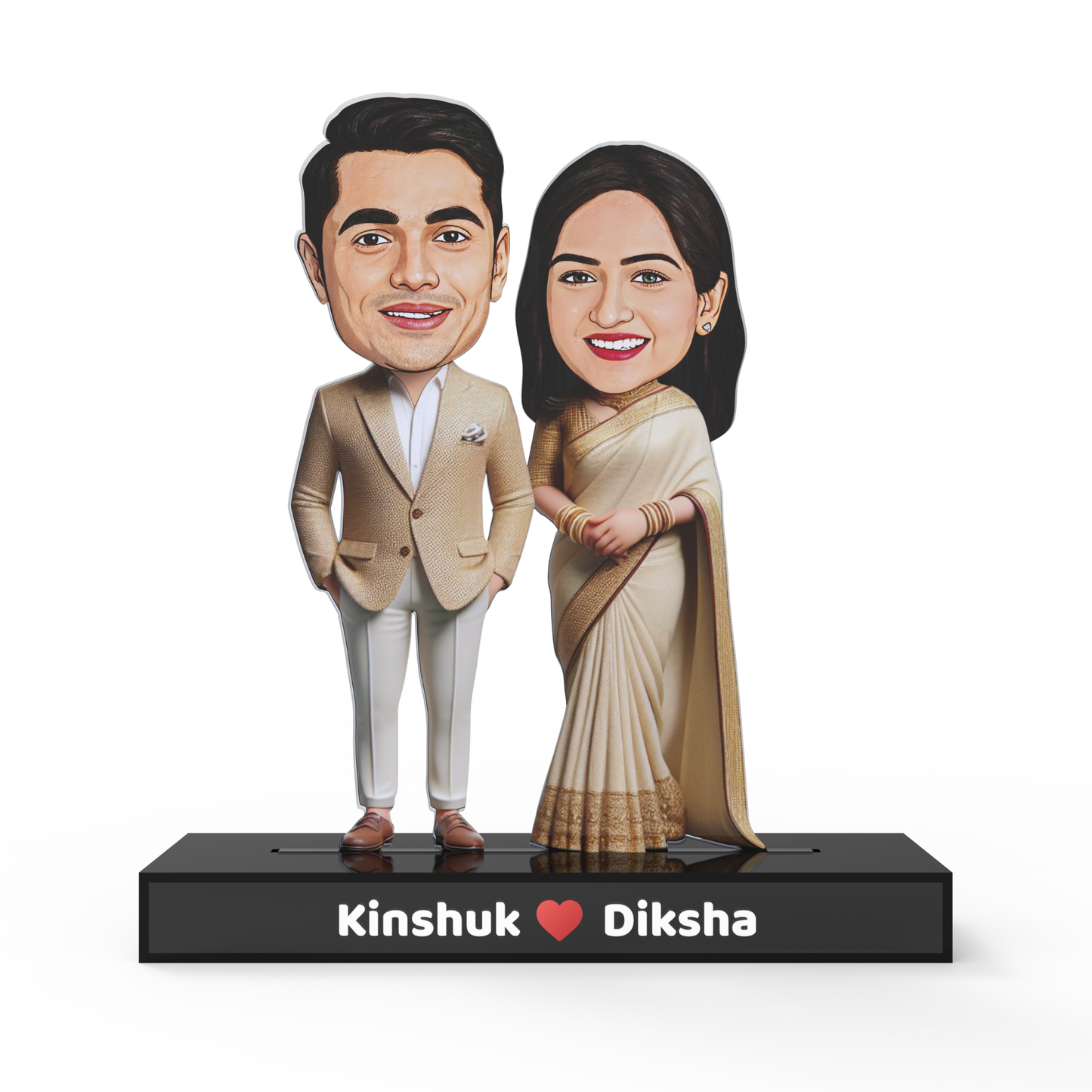 Traditional Couple Avataar Stand – Personalized Acrylic Gift in Ethnic Wear with Name