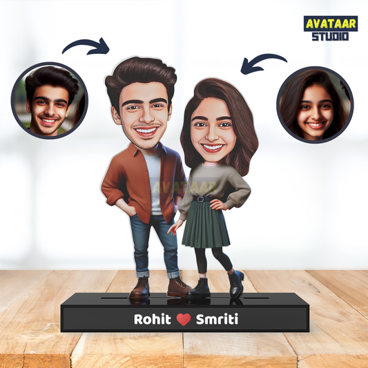 Personalized Couple Avataar Stand – Custom Acrylic Standee with Names & Heart
