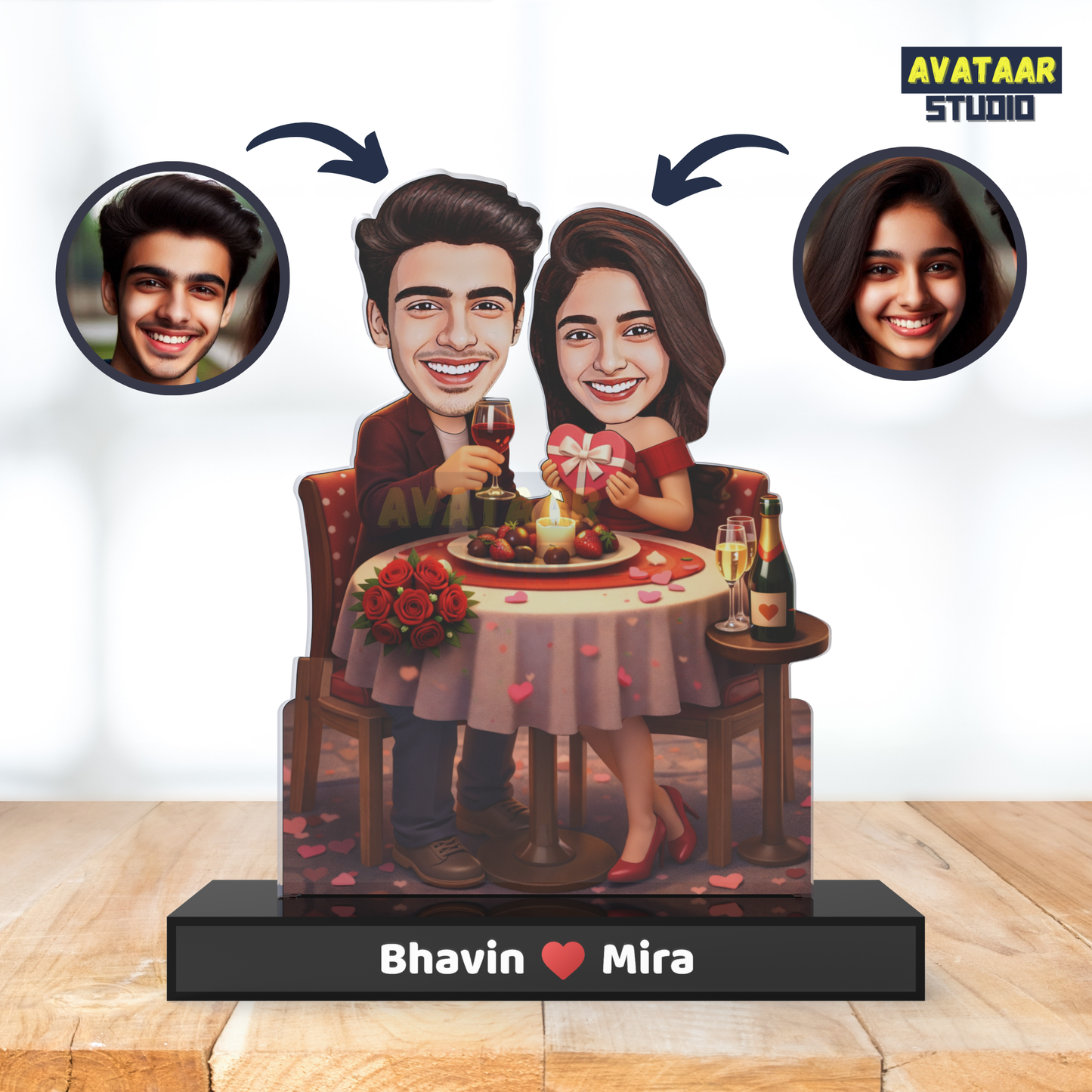 Romantic Dinner Couple Avataar Stand – Personalized Premium Acrylic Gift with Name