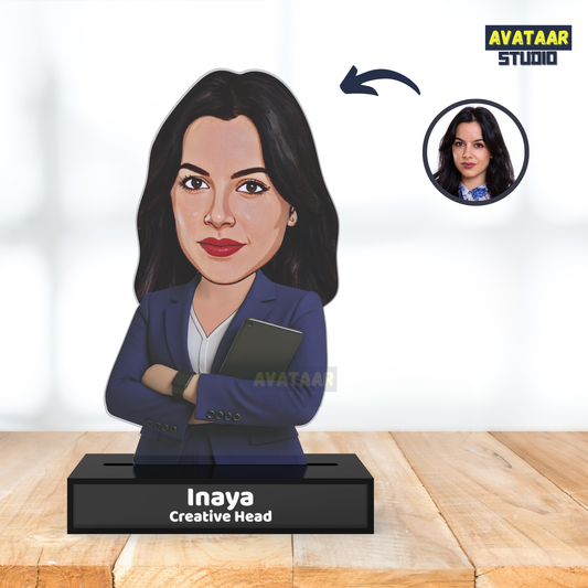 Personalized Female Professional Avataar Stand – Custom Office Acrylic Stand with Name & Designation
