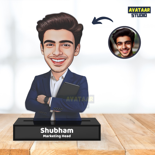 Personalized Male Professional Avataar Stand – Custom Office Acrylic Stand with Name & Designation