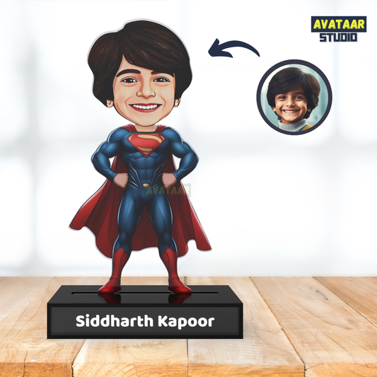 Personalized Kids Superhero (Superman) Avataar Stand – Custom Acrylic Hero Stand with Name