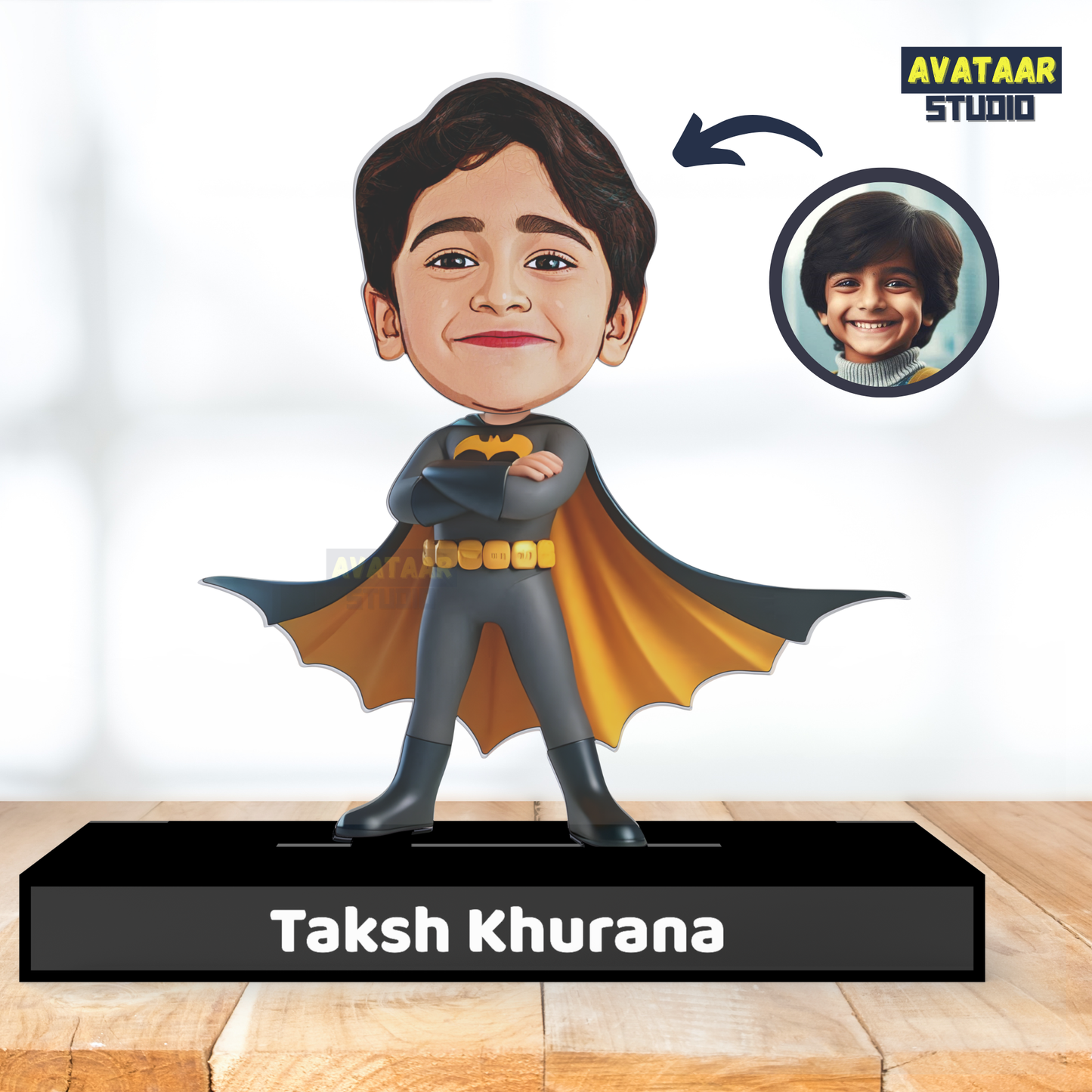 Personalized Kids Superhero (Batman) Avataar Stand – Custom Acrylic Hero Stand with Name