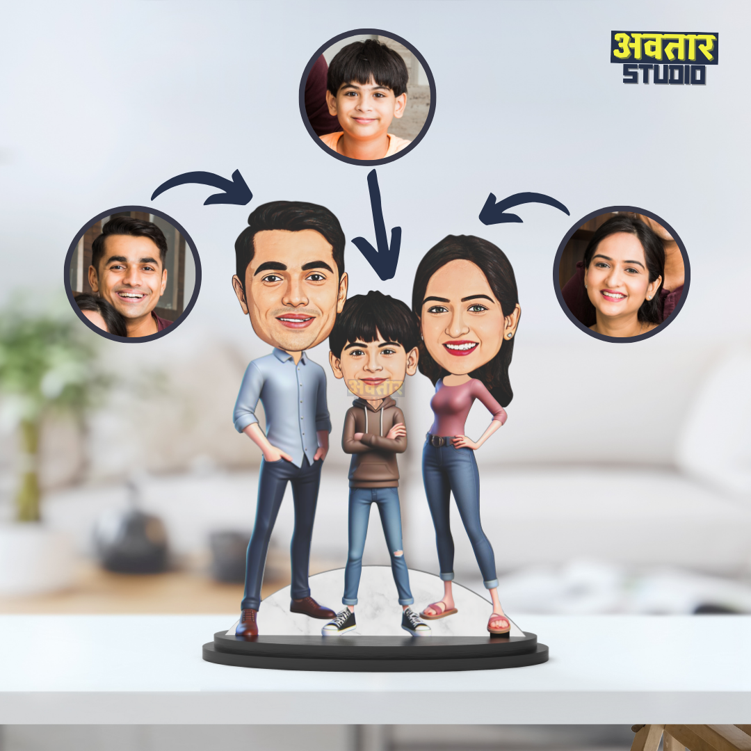 Avatar Studio Personalized Gift for Husband, Wife, Kids, Sister, Brother Character Caricature Photo Frame Unique Design Customized Gift for Friends & Family (Family of Three - 2)