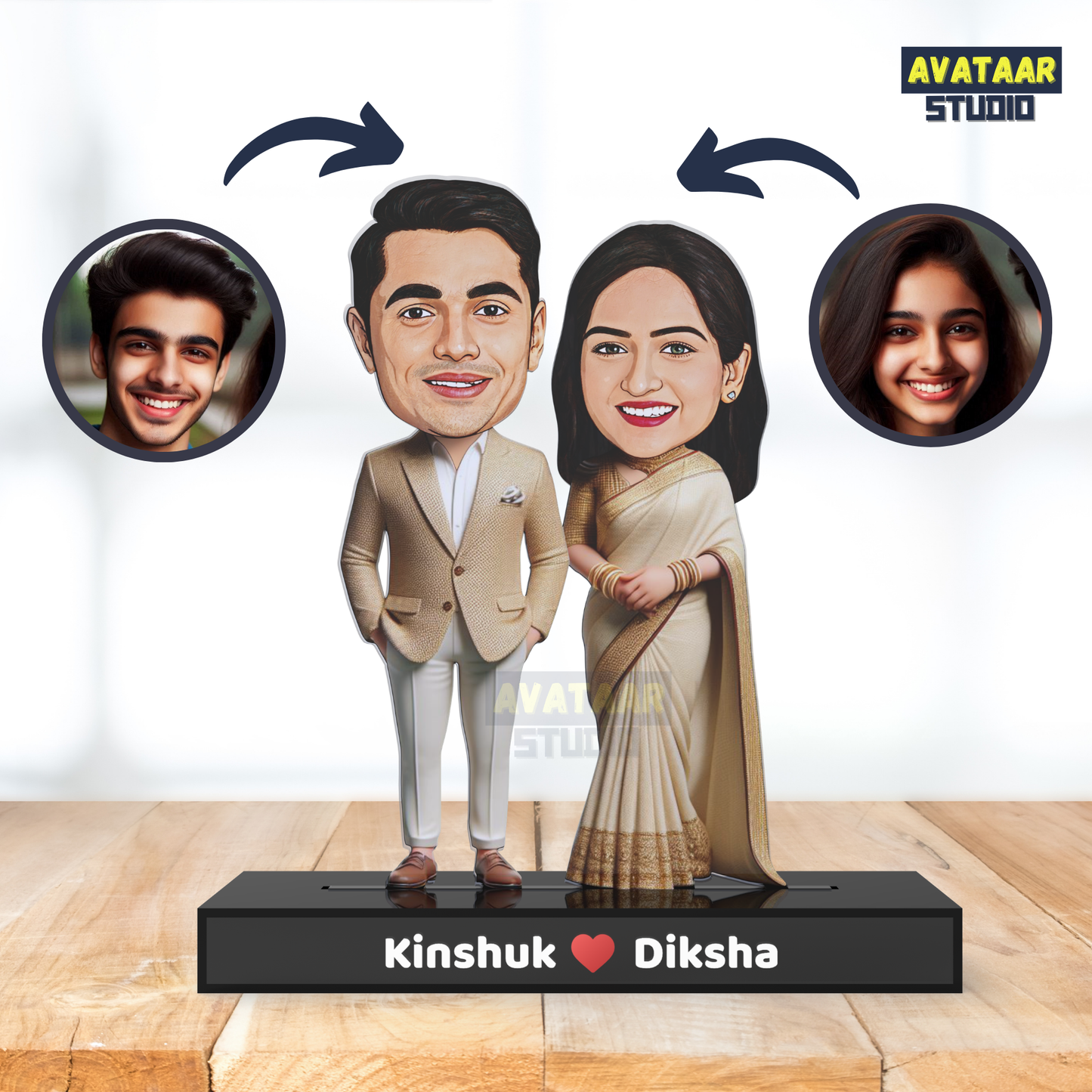 Traditional Couple Avataar Stand – Personalized Acrylic Gift in Ethnic Wear with Name