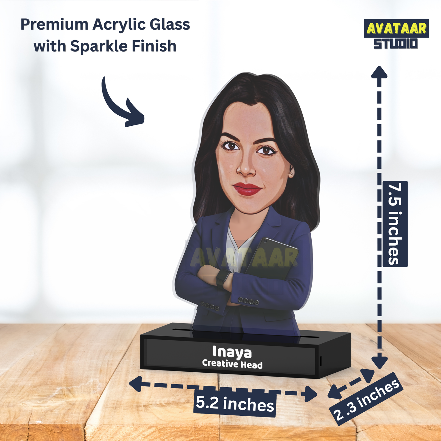 Personalized Female Professional Avataar Stand – Custom Office Acrylic Stand with Name & Designation