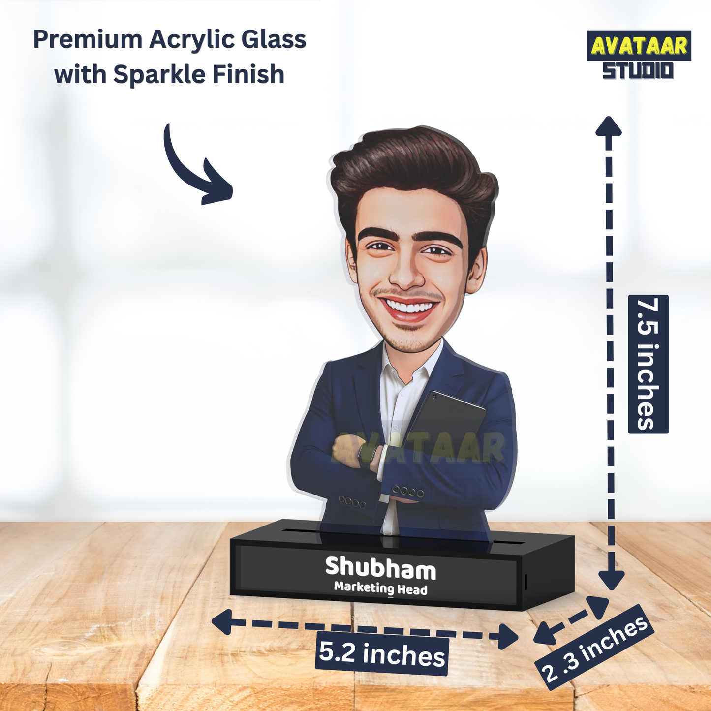 Personalized Male Professional Avataar Stand – Custom Office Acrylic Stand with Name & Designation