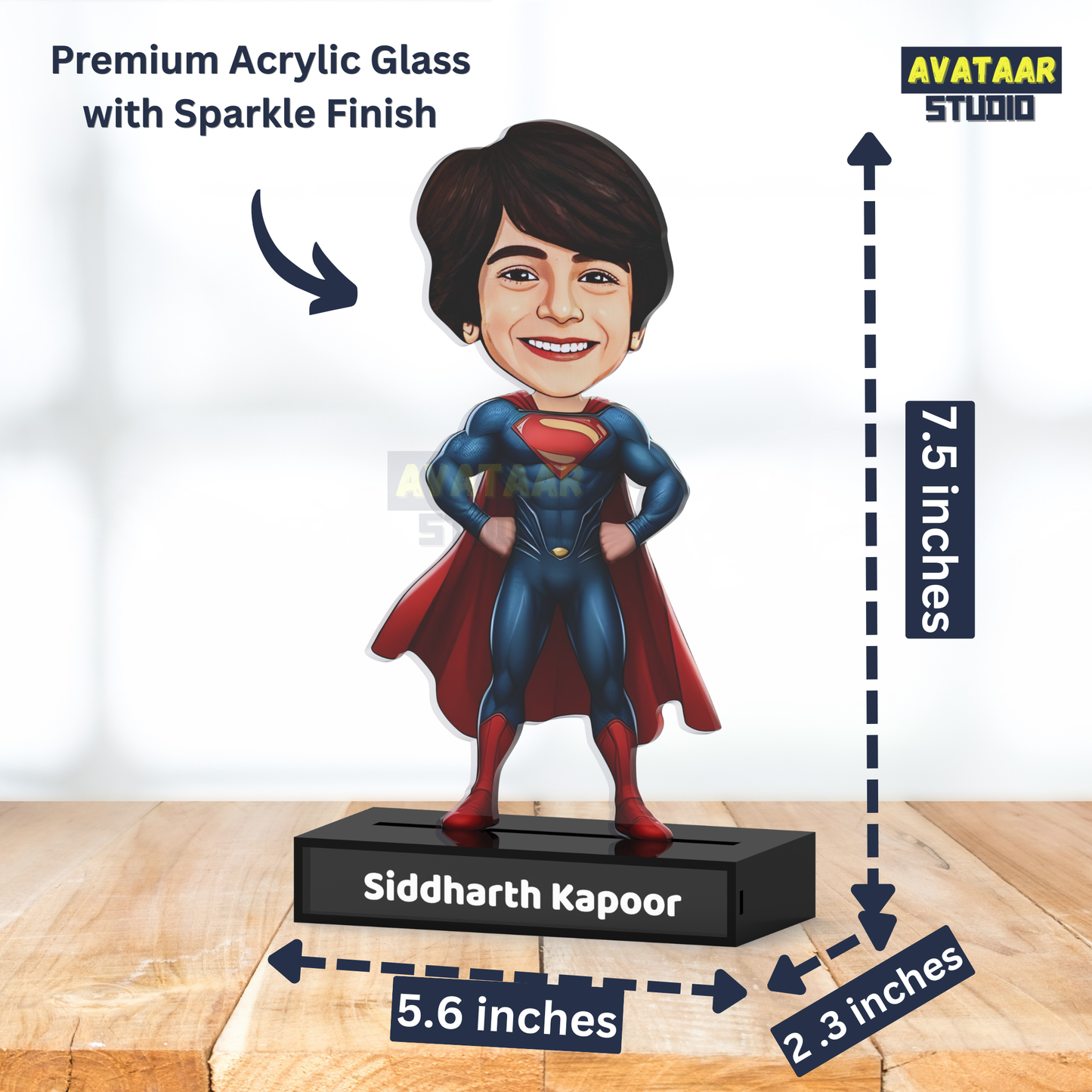 Personalized Kids Superhero (Superman) Avataar Stand – Custom Acrylic Hero Stand with Name