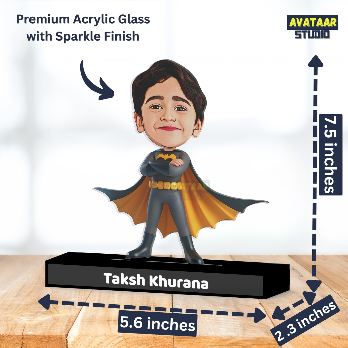 Personalized Kids Superhero (Batman) Avataar Stand – Custom Acrylic Hero Stand with Name
