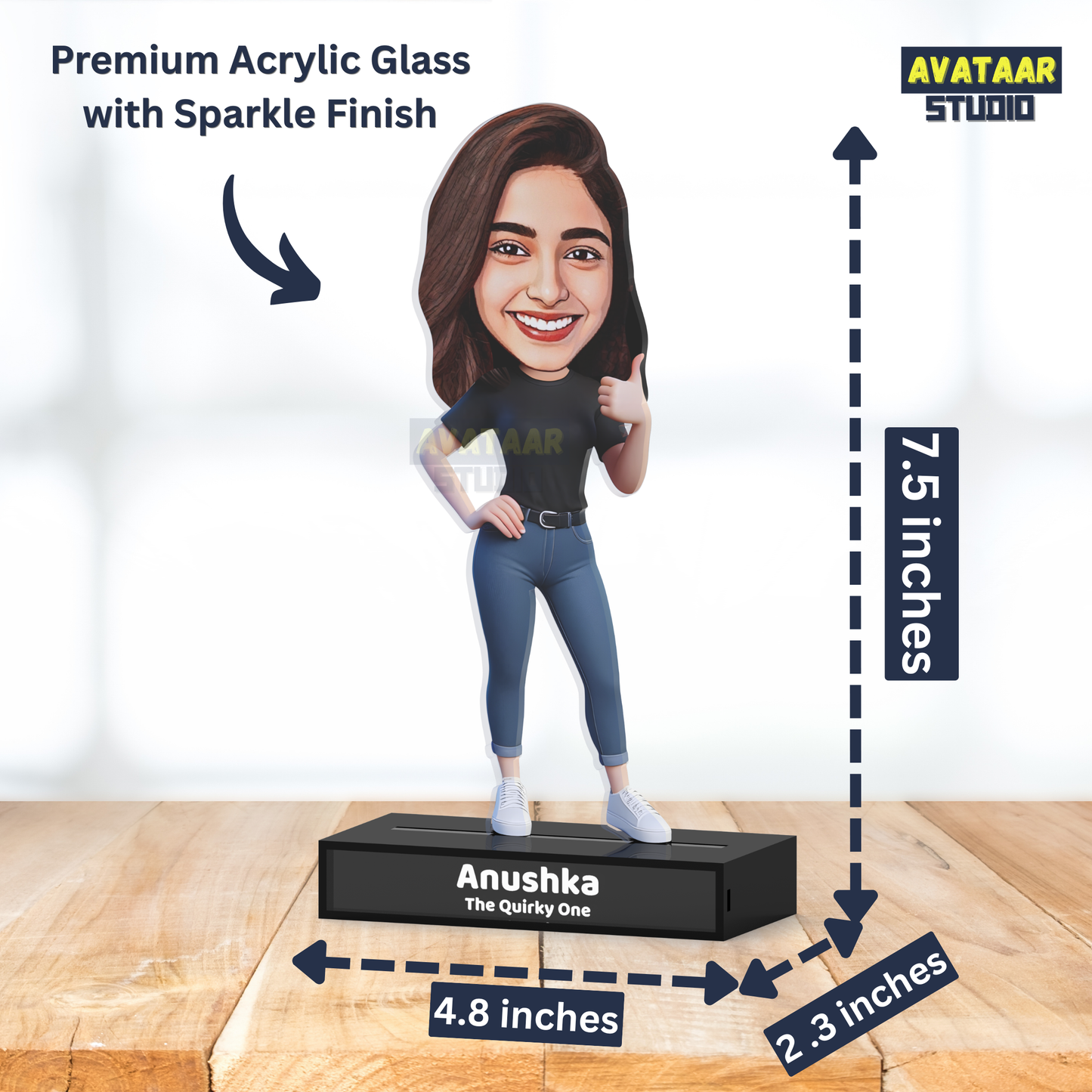 Personalized Girl Avatar Stand – Custom Acrylic Caricature with Name Tagline