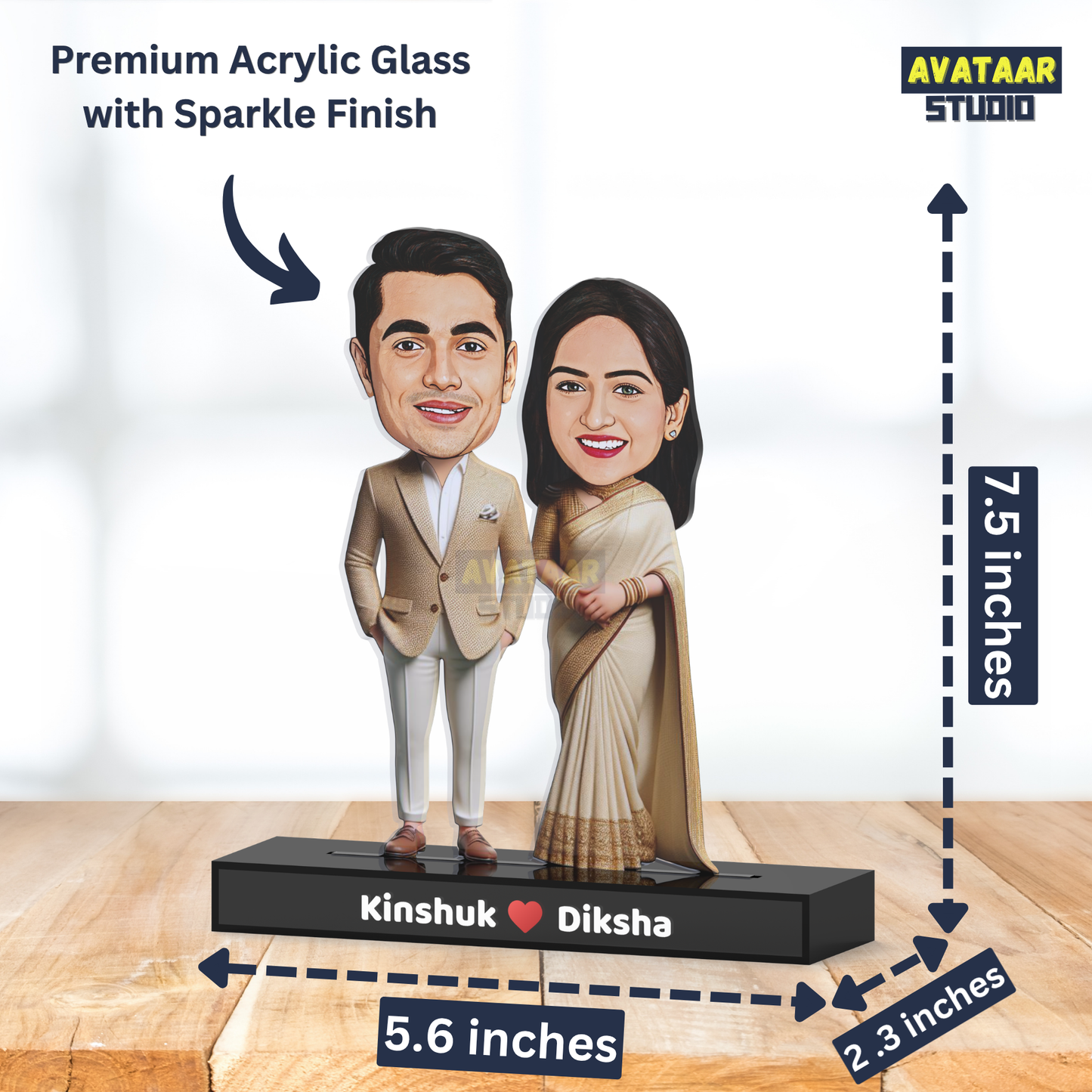 Traditional Couple Avataar Stand – Personalized Acrylic Gift in Ethnic Wear with Name