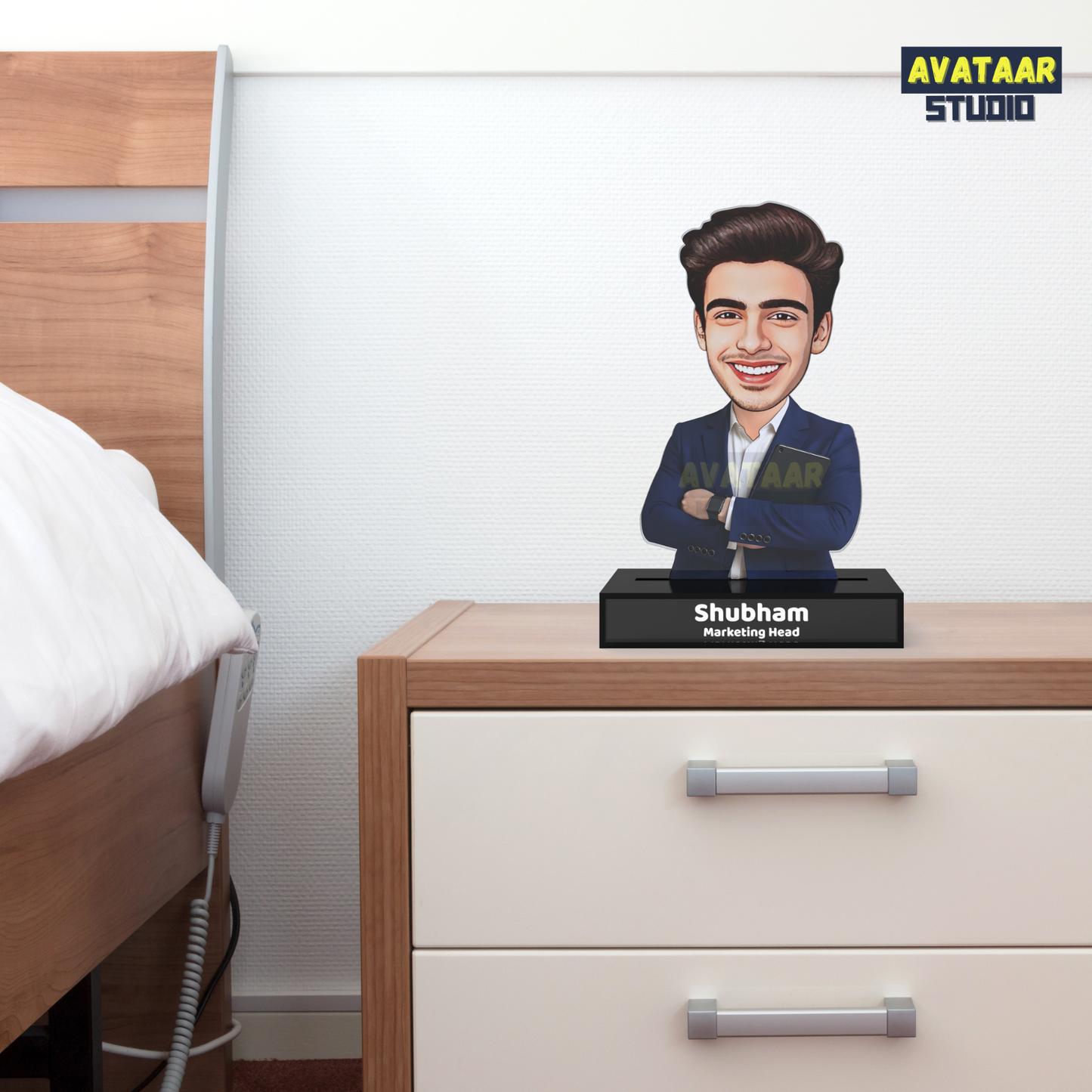 Personalized Male Professional Avataar Stand – Custom Office Acrylic Stand with Name & Designation