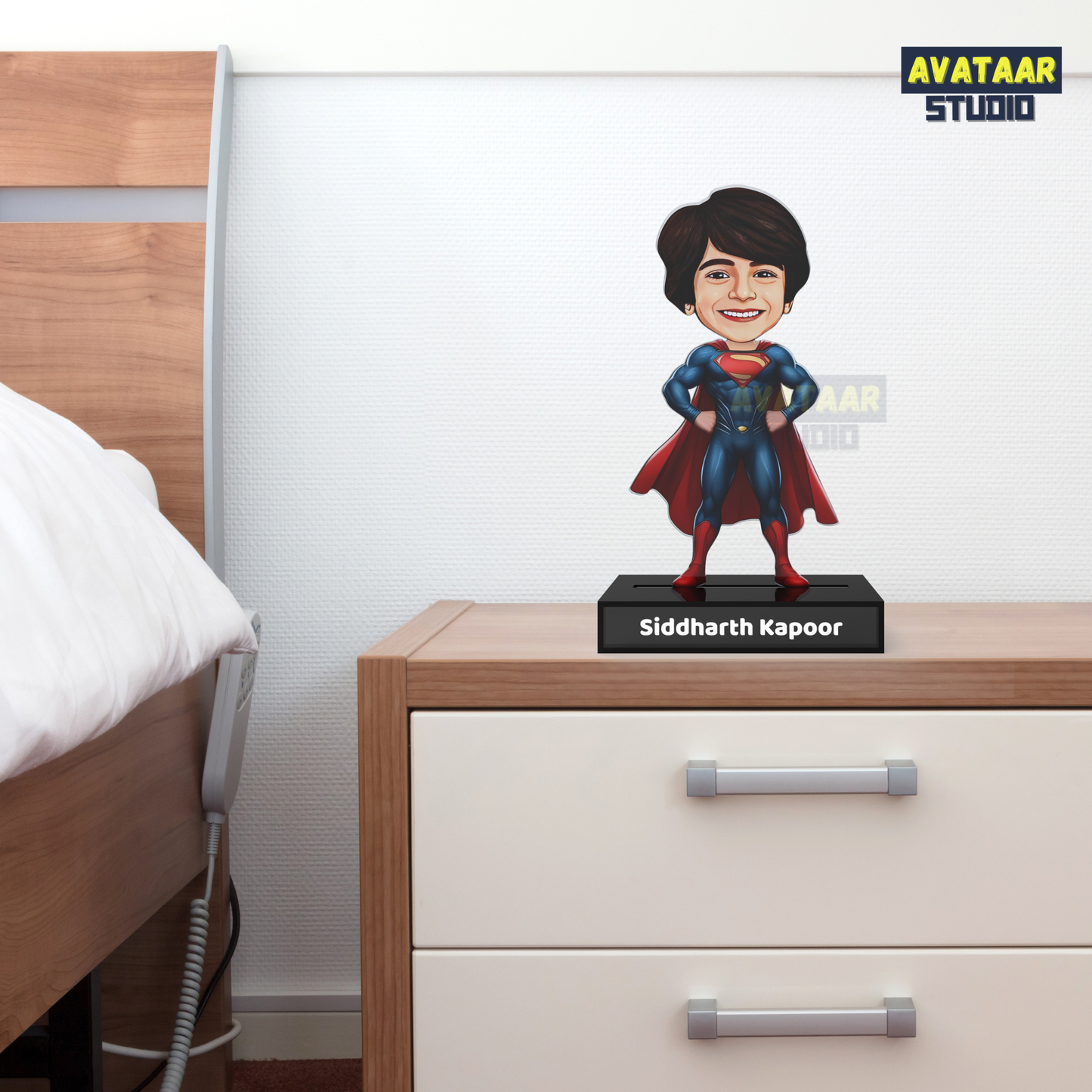 Personalized Kids Superhero (Superman) Avataar Stand – Custom Acrylic Hero Stand with Name