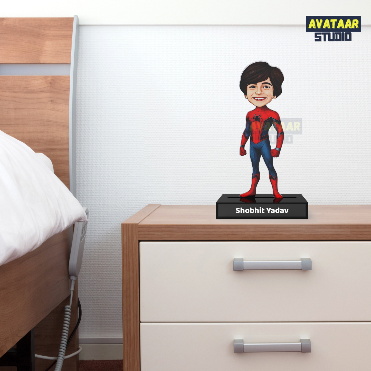 Personalized Kids Superhero (Spiderman) Avataar Stand – Custom Acrylic Hero Stand with Name