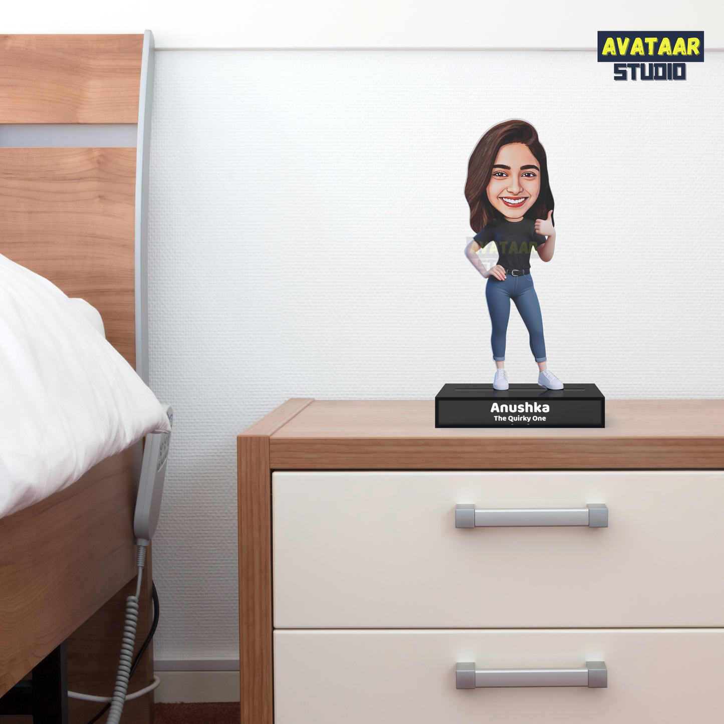 Personalized Girl Avatar Stand – Custom Acrylic Caricature with Name Tagline